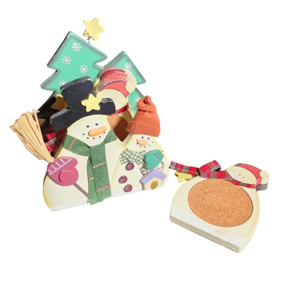 Holiday Classics Vintage 5 Count Snowman Coaster‎ Set With Holder 7.25"X6"X3.75"